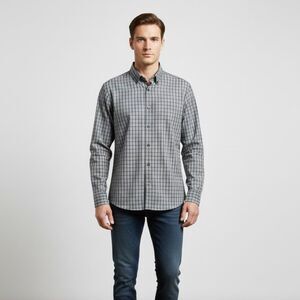 Banana Republic Stretch Tailored Slim Fit Grey/Navy Plaid Size Medium